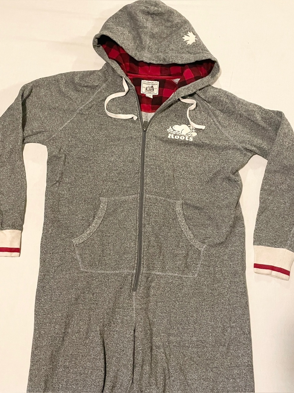 Roots Cabin Salt & Pepper Hooded Onesie Jumpsuit XL/TG Buffalo Plaid Trim